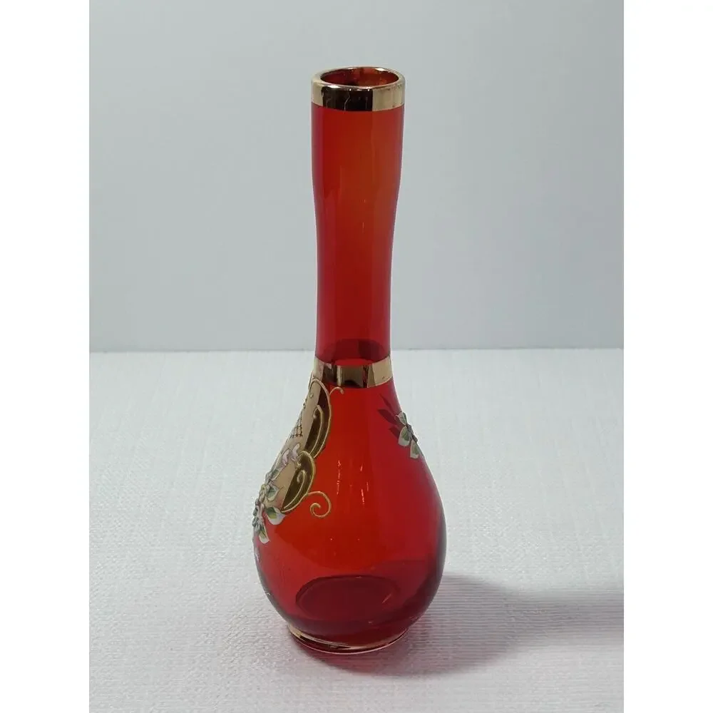 Vintage‎ Japan Emerald Red Bud Vase 8”Gold Gilding Hand Painted Flowers Moriage